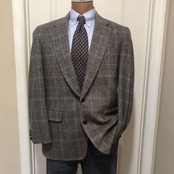 Robert Alexander Men's Blazer 40R  Meas. 44Camel Blend Sport Coat Gray Plaid Vtg - Picture 1 of 14